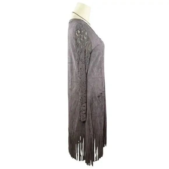 Pretty Angel Gray Linen Cotton Blend Fringe Western Boho Tunic Dress | M/L - Picture 5 of 11